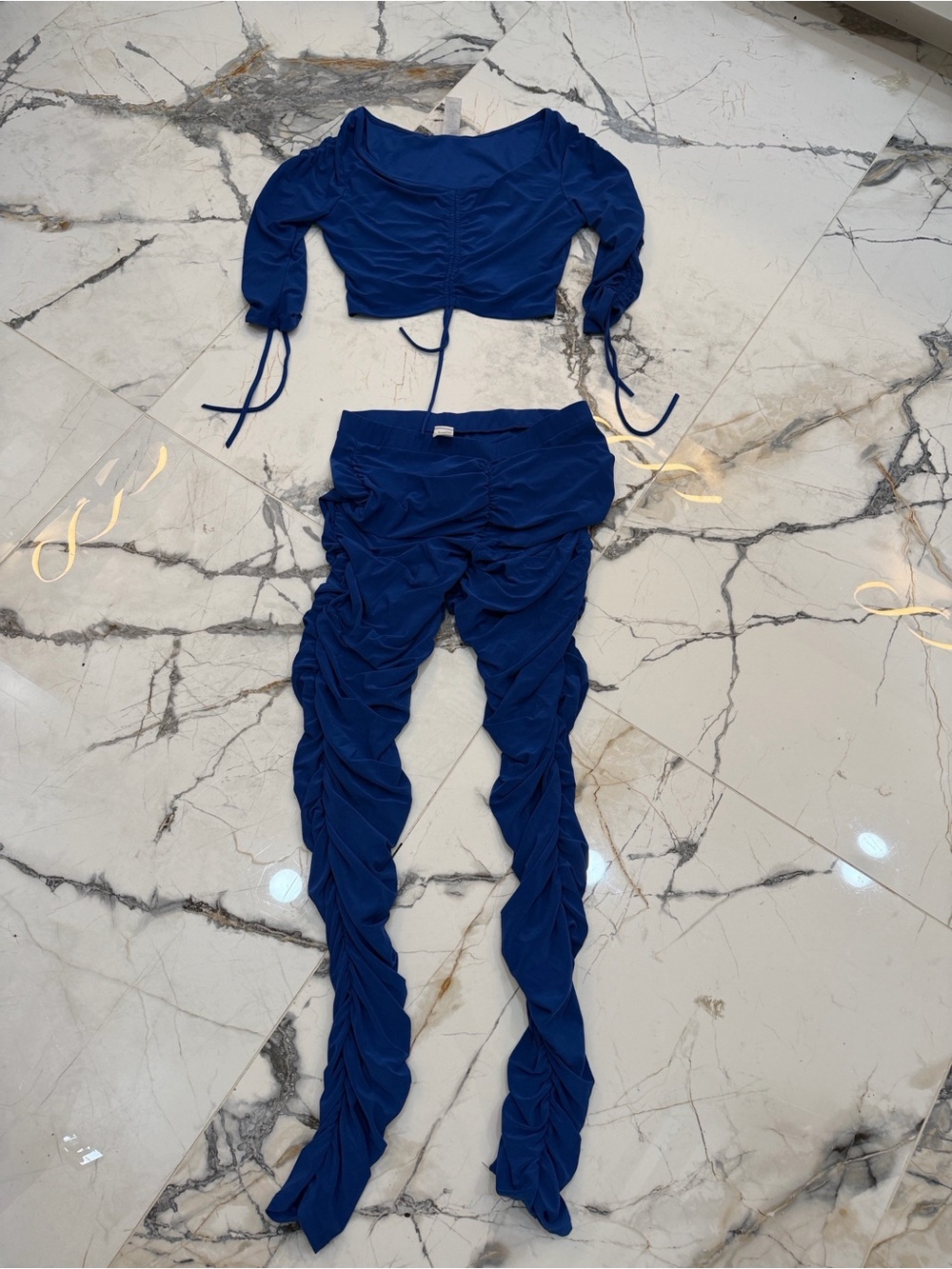 New Ruched Two-Piece Crop Top & Legging Set in Royal Blue L